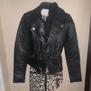 Black leather quilted biker jacket